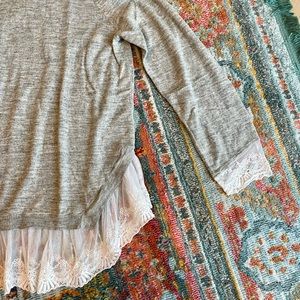 Gray with white lace tie back sweater